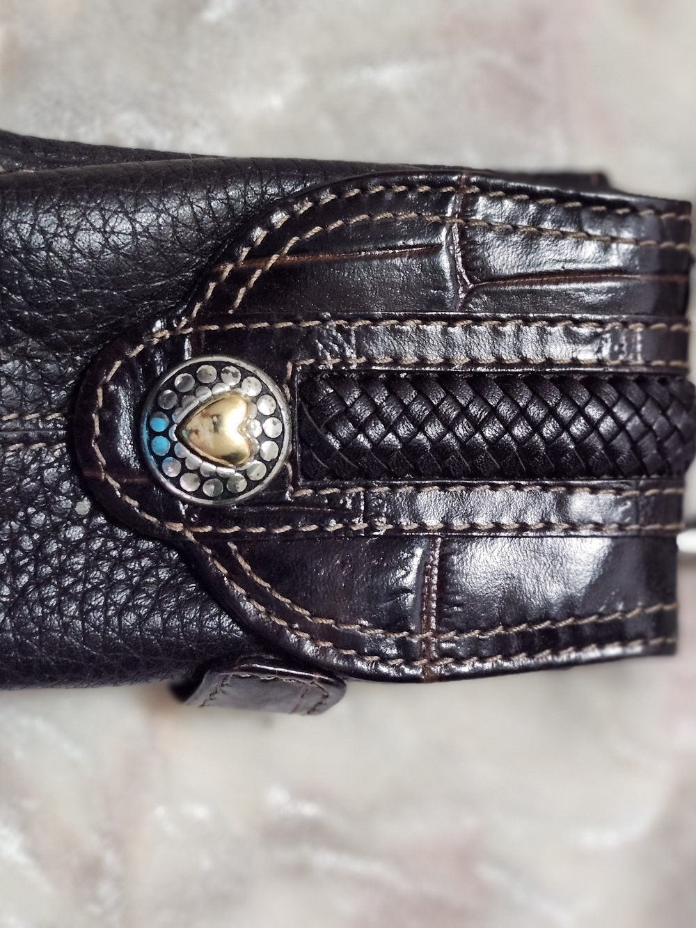 Braided Dark Brown Leather Wallet with Heart Accent